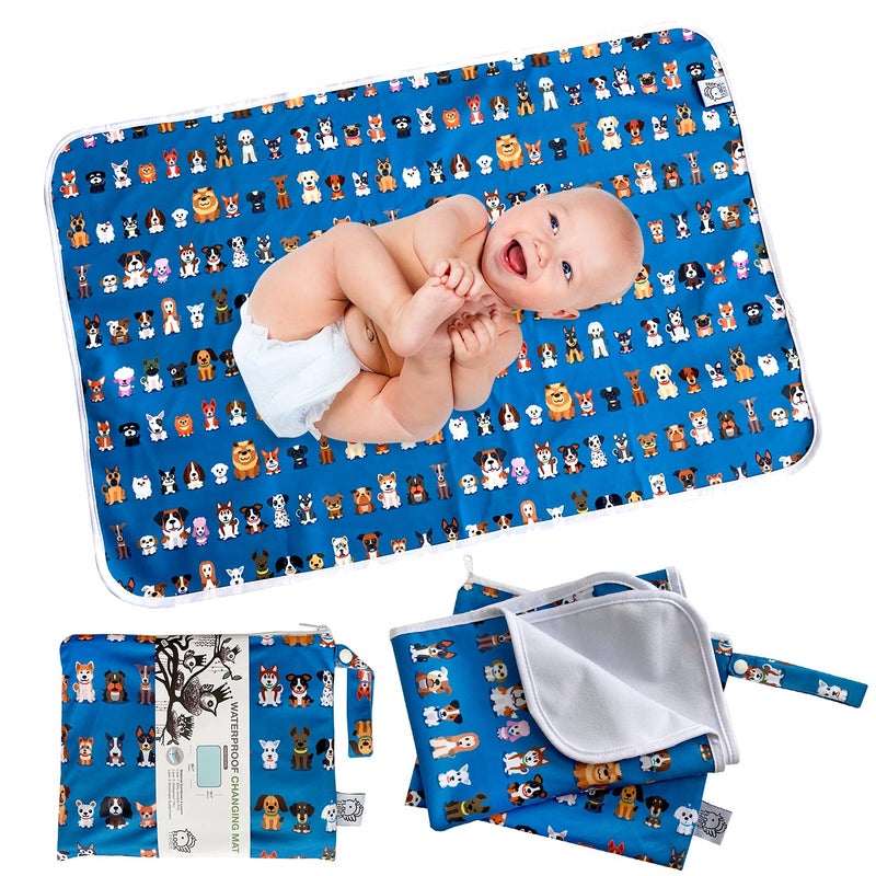 FLOCK THREE Flockthree Waterproof Baby Changing Pad with Storage Bag (28.7" X 19.7") Washable Wipeable Reusable Leak Proof Diaper Travel Mat Station Changing Mattress Liner Cribs Bed Cover, Dog Family - Image 1